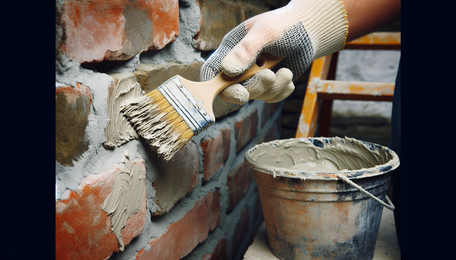 Applying the first thin coat of limewash using a masonry paintbrush