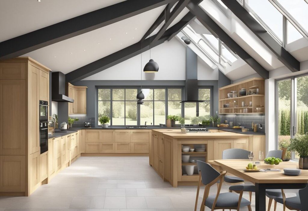 A spacious oak frame kitchen extension with ample natural light, high ceilings, and modern appliances