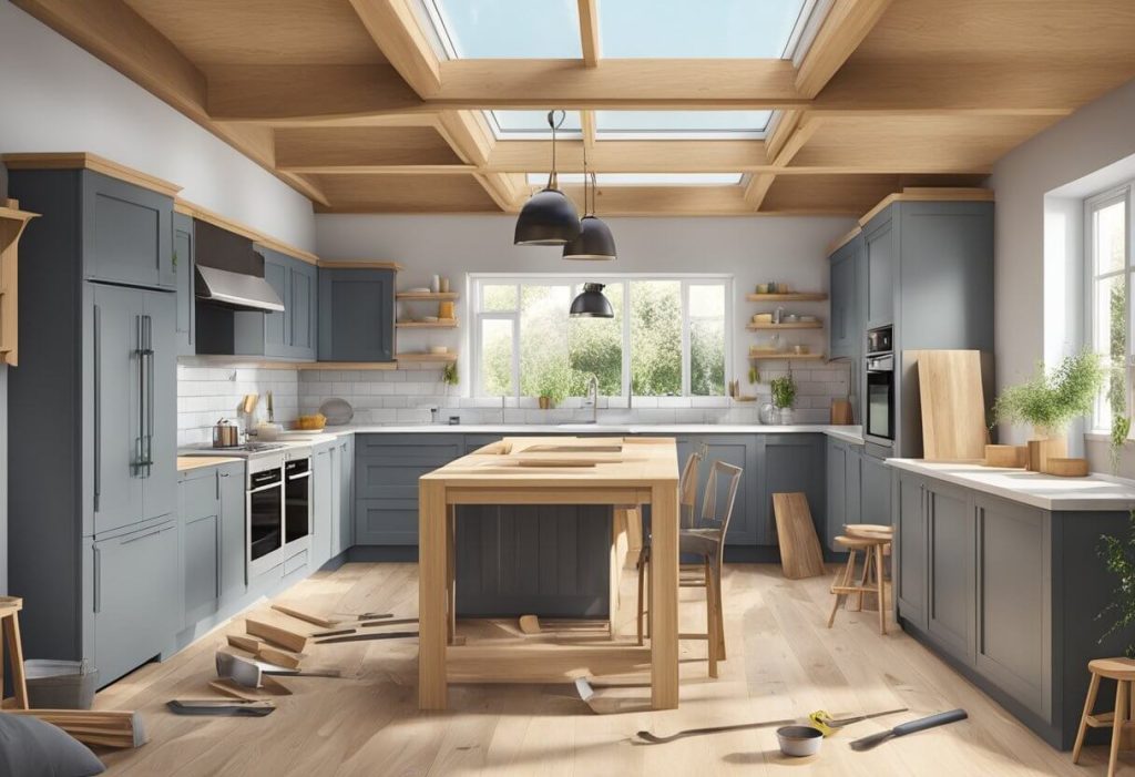 An oak frame kitchen extension being built with tools and materials scattered around the construction site