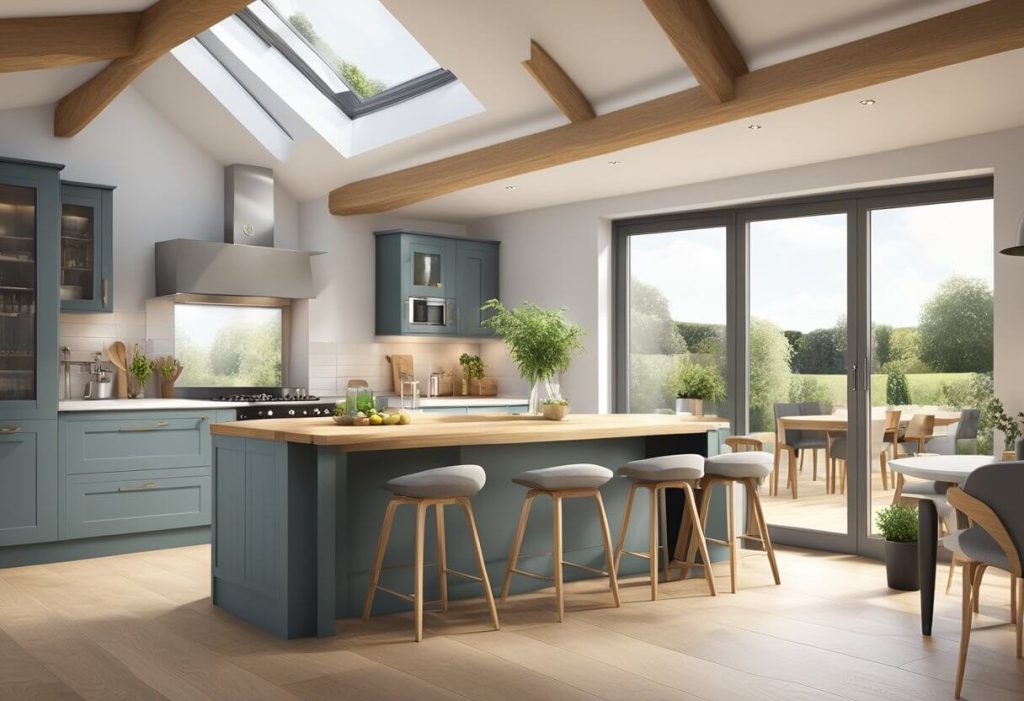 A spacious oak-framed kitchen extension with large windows, flooding the room with natural light. Contact information displayed discreetly on a wall