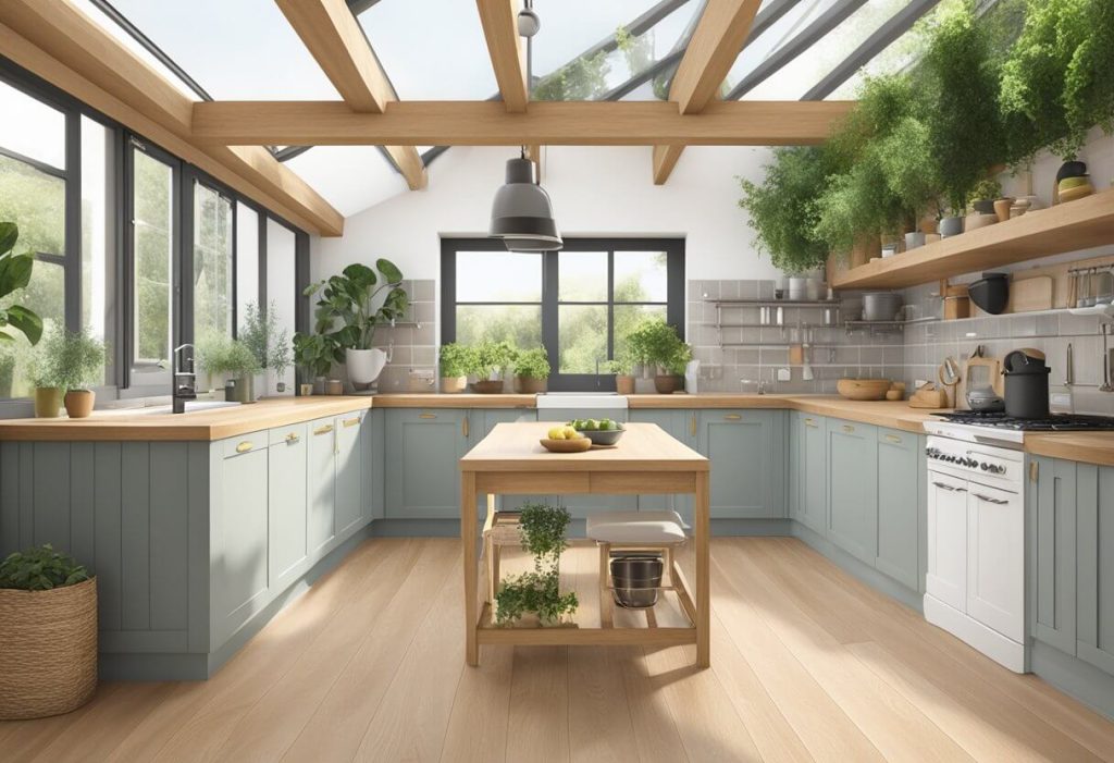 An oak frame kitchen extension with FAQ signage, surrounded by greenery and natural light