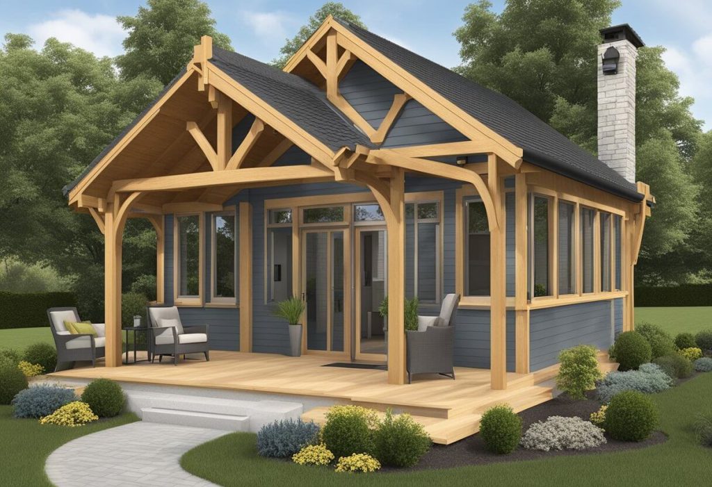 An oak frame porch with cost and budget considerations in focus, featuring durable materials and efficient design