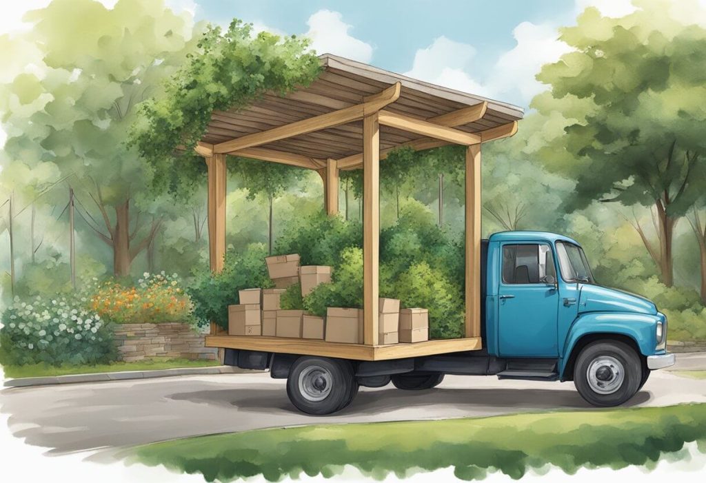 An oak frame porch stands, surrounded by lush greenery, with a delivery truck pulling up to drop off materials