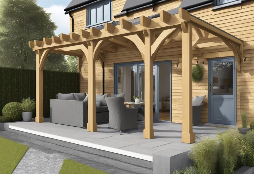 The oak frame porch is being carefully fitted and finished with attention to detail