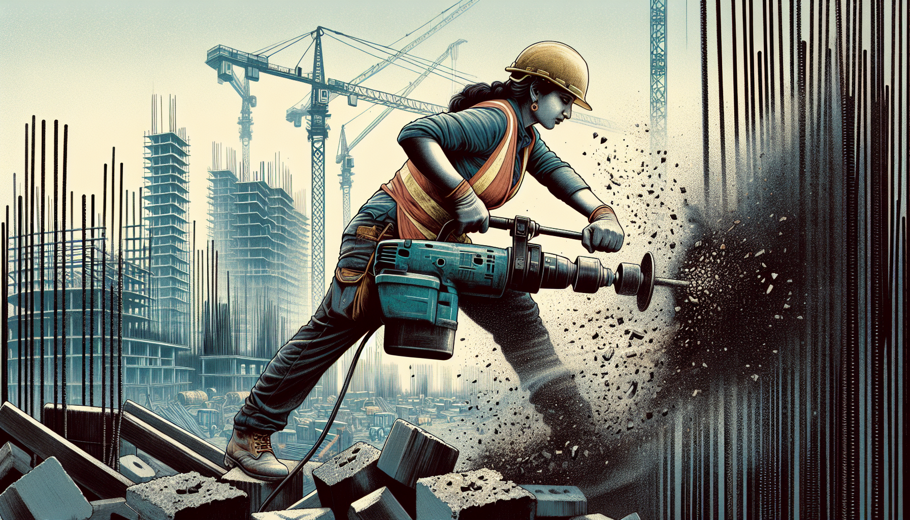 Construction worker using power tools
