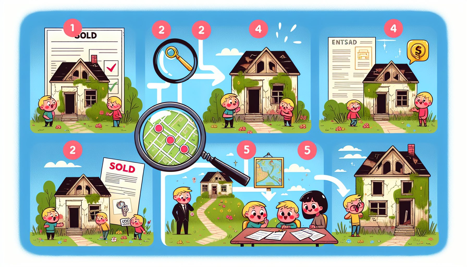 An illustration depicting the steps to purchasing an abandoned house.