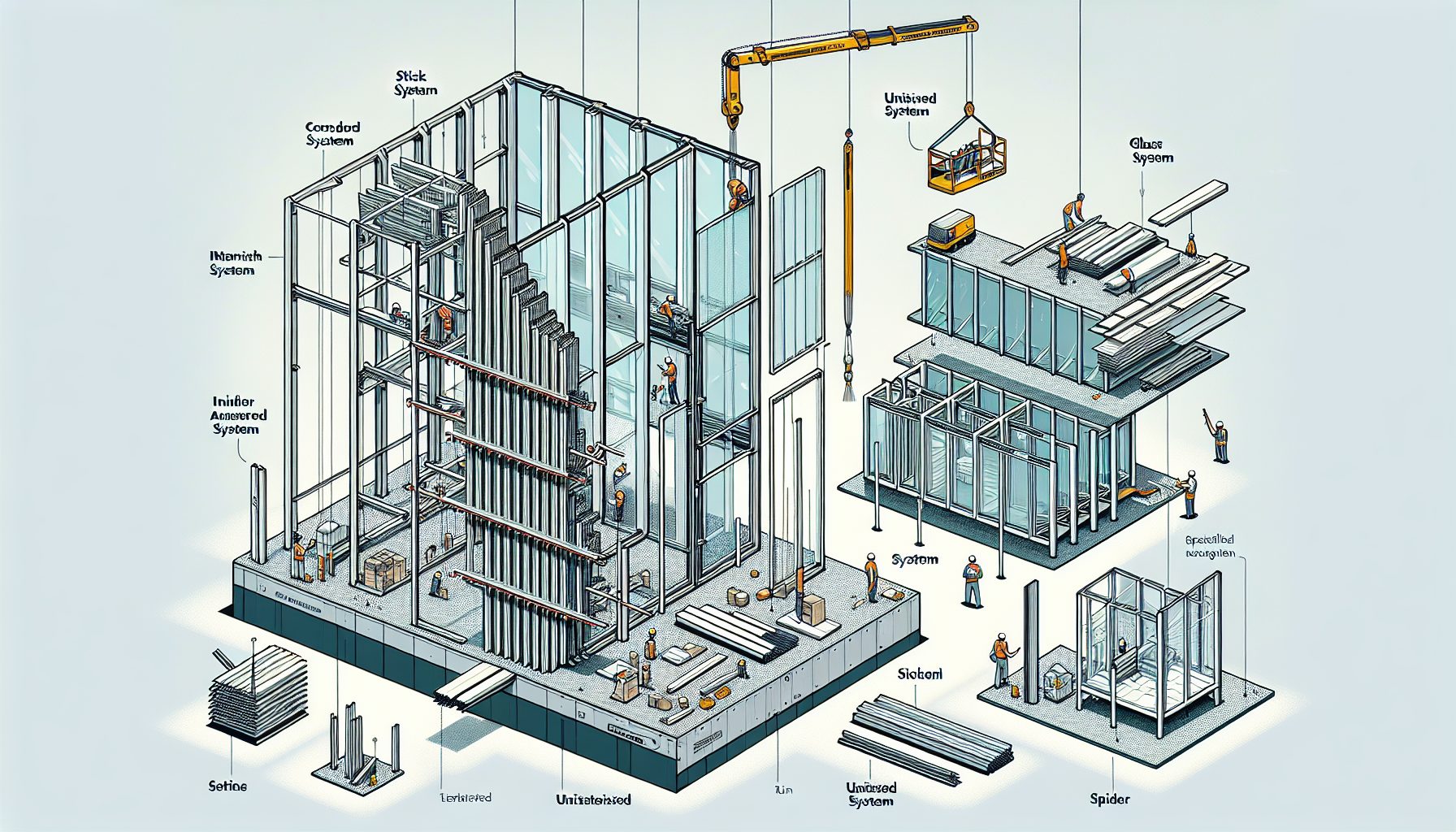 Cartoon illustration of different types of curtain walling systems