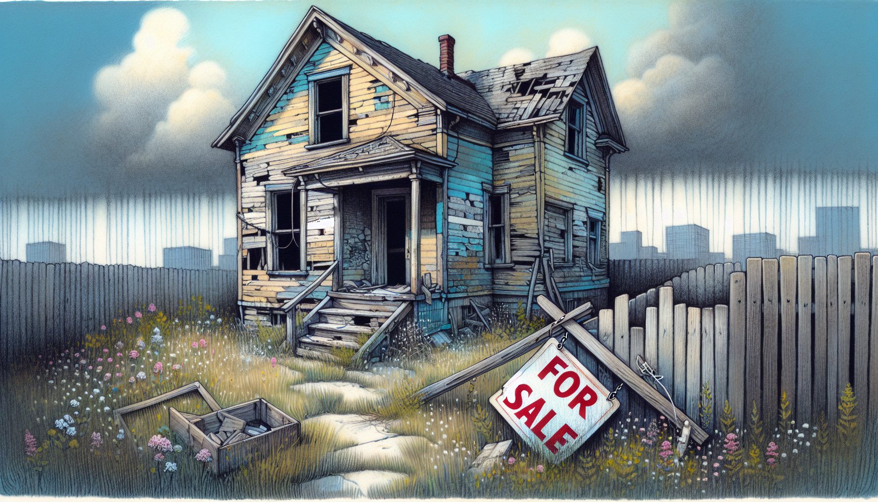 A drawing of a distressed property with a 'For Sale' sign.