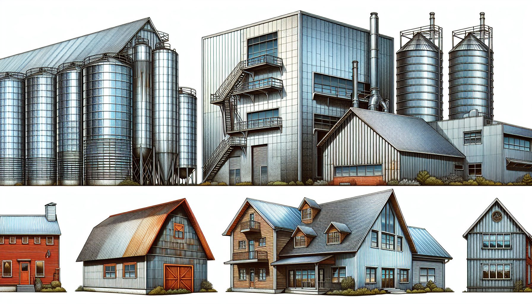 Illustration of metal cladding on different types of buildings